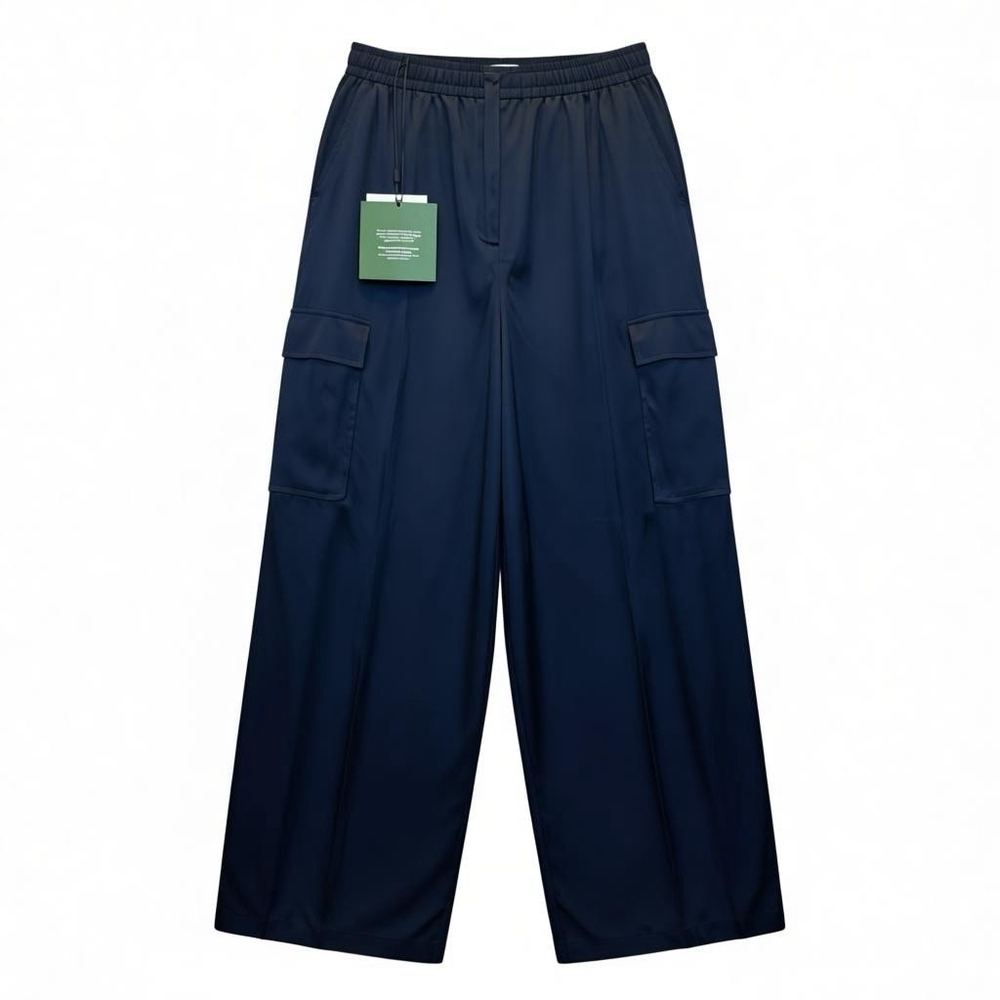 Marella Birillo Navy Satin Cargo Wide-Leg Pants • Size 8• High-Rise Luxe NWT